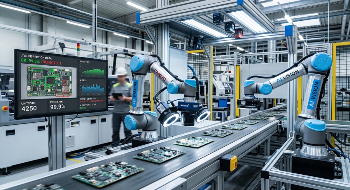 AI vision cameras and robotic arms inspecting circuit boards on a production line, with a live inspection dashboard