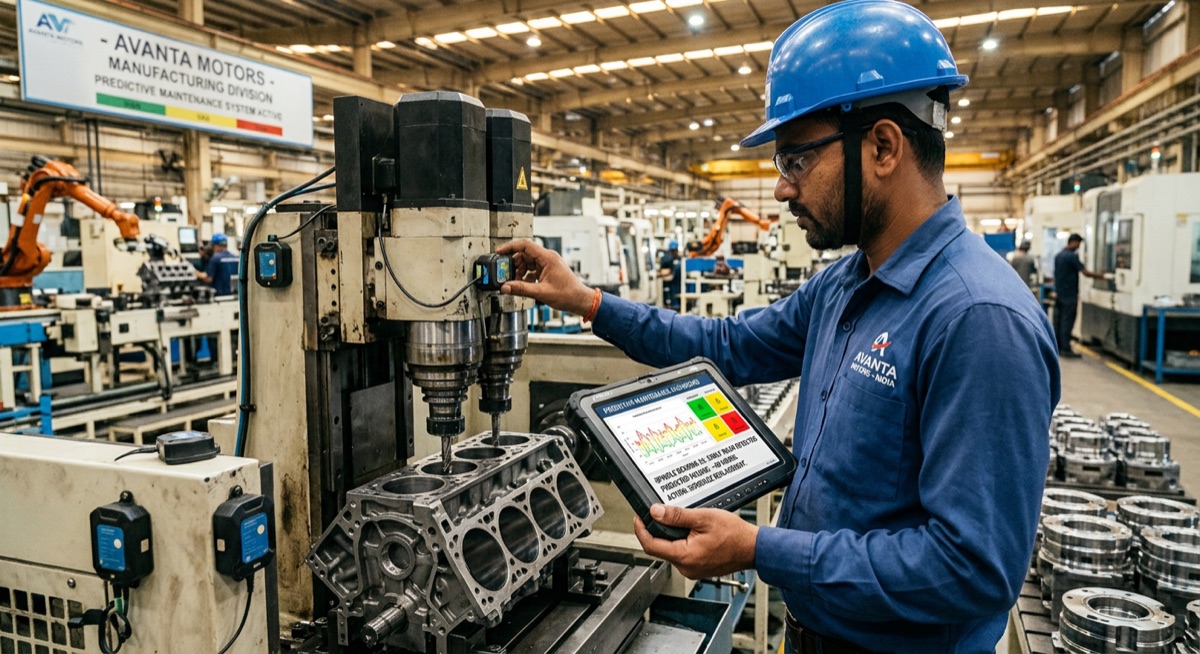 Maintenance engineer reviewing a predictive-maintenance dashboard on a tablet beside a CNC machine on the plant floor