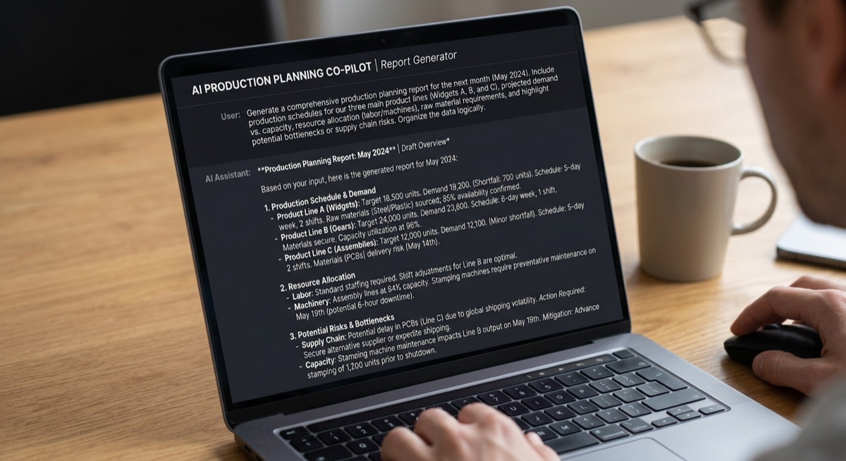 Laptop showing an AI production-planning co-pilot generating a monthly production report