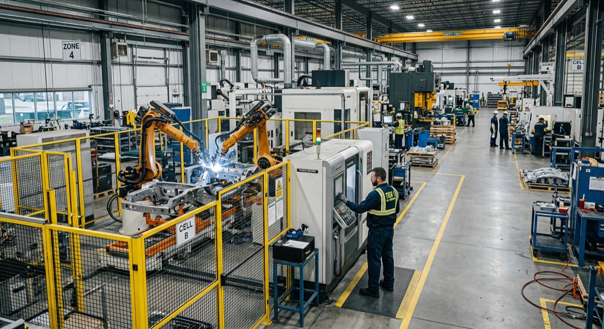 Wide view of a busy manufacturing shop floor with robotic welding cells, CNC machines and operators